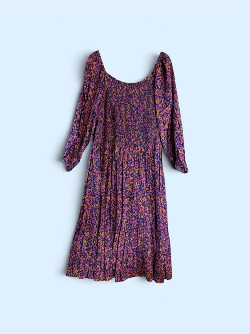 Terra & Sky Purple Floral Midi Dress with Shirred Bodice